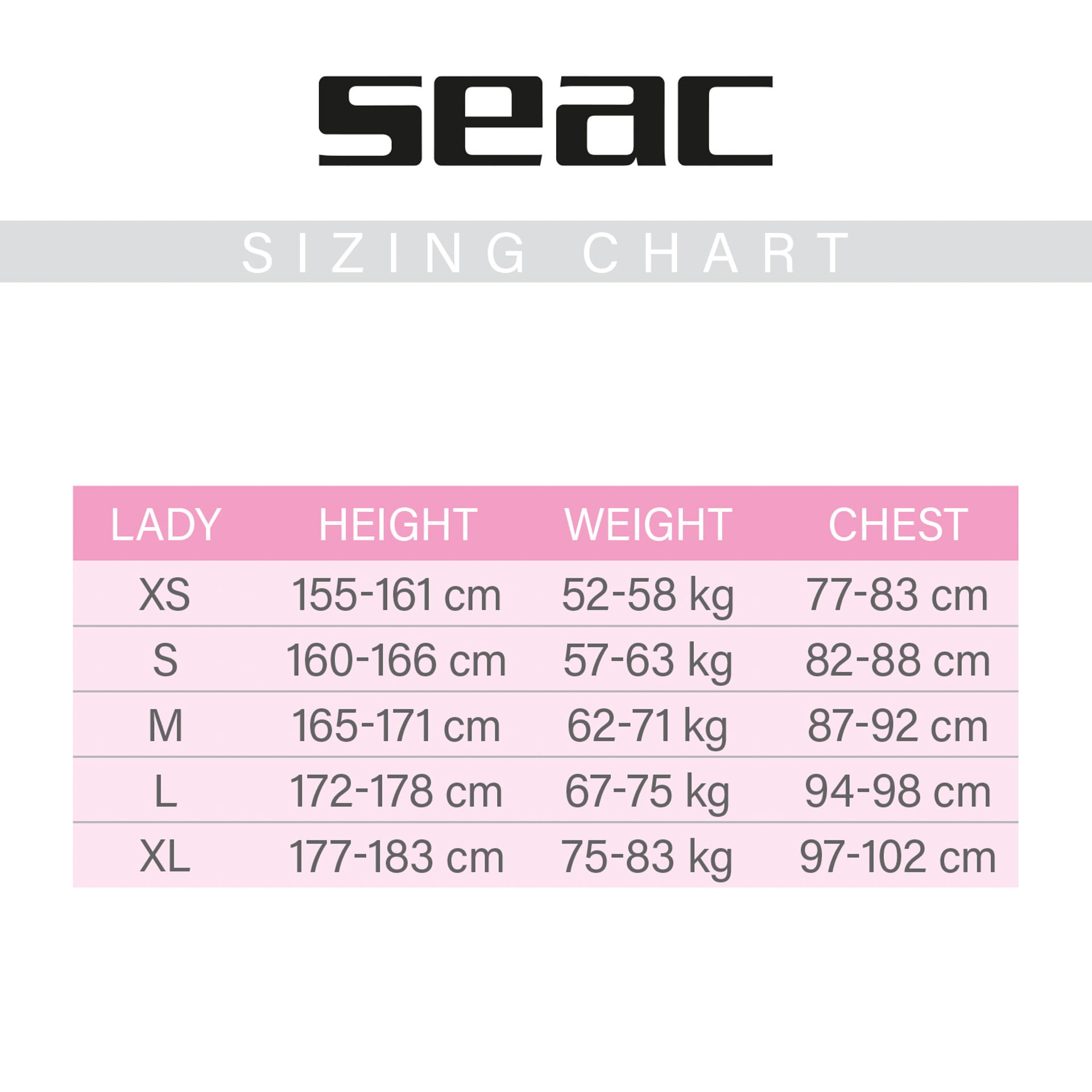 Seac_Sub_Hoody_Lady_Groessentabelle Seac Sub Hoody Damen Unterziehweste