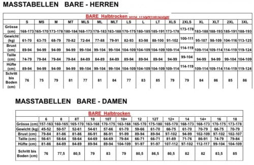Bare Sport S-Flex Full 7mm Tauchanzug Herren Größentabelle
